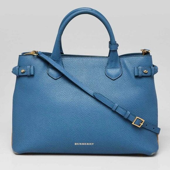 Burberry Blue Pebbled Leather House Check Medium Banner Tote Bag - Picture 1 of 12